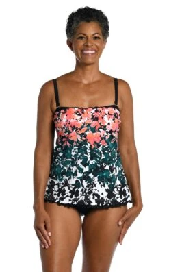 Floating Flowers Ruffled Bandeau Tankini Top