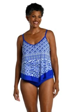 Grecian Tile Flutter Hem Tankini Top