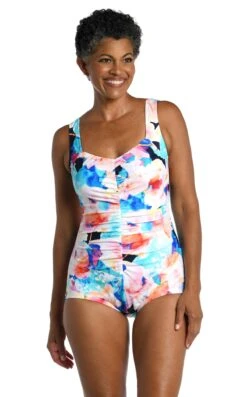 Illusion Blossoms Shirred Front Girl Leg One Piece - FINAL SALE