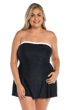 Solid Bandeau Princess Seam Swim Dress One Piece (Plus Size) -Swimwear Promotion Store MW3C442 BLK F 2