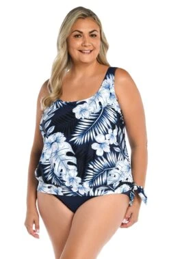 Moonlight Tropics Banded Scoop Blouson Tankini Top (Plus Size)
