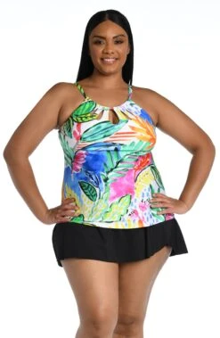 24th & Ocean Painted Garden Underwire High Neck Keyhole Halter Tankini Swimsuit Top (Plus Size) *FINAL SALE*