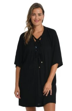 24th & Ocean Solid Lace-Up Tunic Swimsuit Cover Up -Swimwear Promotion Store TF2EN39 BLK F1