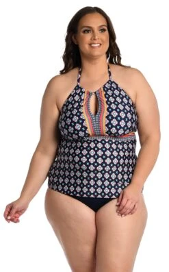 24th & Ocean Alexandria Tile High Neck Keyhole Halter Tankini Top -Swimwear Promotion Store TF3DE63W MID F1
